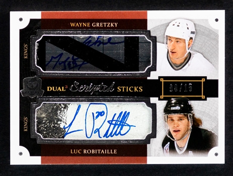 2013-14 UD The Cup Dual Scripted Sticks Dual-Signed Hockey Card #DSS-RG HOFers Wayne Gretzky and Luc Robitaille (08/15) 