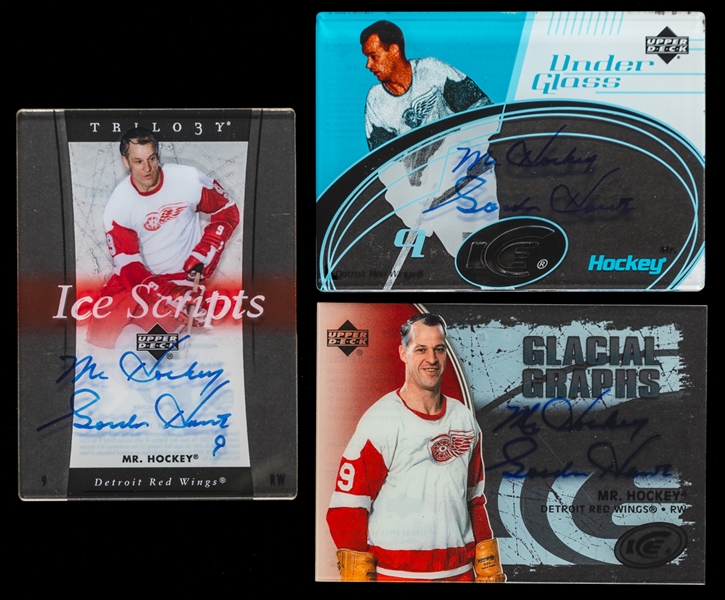 Gordie Howe Signed Hockey Cards (3) Including 2003-04 UD Under Glass #UG-MH, 2005-06 UD Trilogy Ice Scripts #IS-GH and 2005-06 UD Ice Glacial Graphs #GG-GH