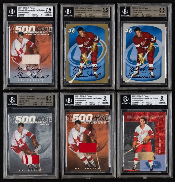 2001-02 BAP Ultimate Memorabilia 2nd Edition Collection of Gordie Howe Hockey Cards (24) Inc. 500 Goal Scorers Game Used Jersey (Signed), Gold Autograph, 500 Goal Scorers Emblem and Game Used Jersey 