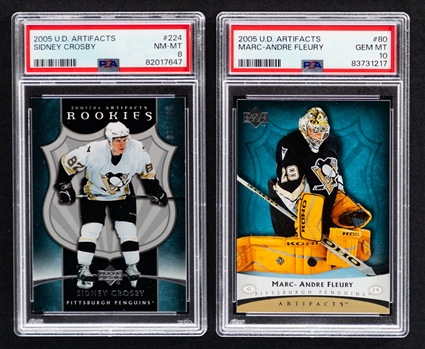 2005-06 UD Artifacts Rookies Hockey Card #224 Sidney Crosby (060/750 - Graded PSA 8) and 2005-06 UD Artifacts Hockey Card #80 Marc-Andre Fleury (Graded PSA GEM MT 10)