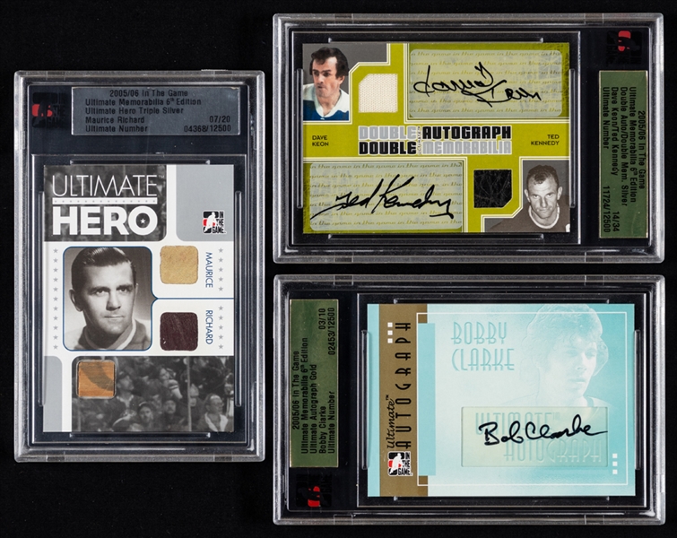 2005-06 ITG Ultimate Memorabilia 6th Edition Cards (6) Including Maurice Richard Ultimate Hero Triple Silver (07/20) and Dave Keon/Ted Kennedy Double Auto/Memorabilia Silver (14/34)