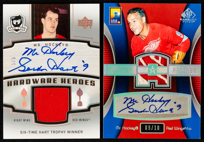 2004 UD SP Game Used Hawaii All-Star Patches Signed Hockey Card #PPA-6 Gordie Howe (09/10) and 2005-06 UD The Cup Hardware Heroes Signed Hockey Card #HH-GH2 Gordie Howe (5/6) 