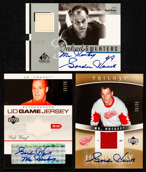 2004-05 Autographed UD Game Jersey #GJA-GH Gordie Howe (13/25), 2006-07 UD Honorary Scripted Swatches #HSS-GH Gordie Howe (20/25) and 2001-02 UD SP Game Used Inked Sweaters #S-GH Gordie Howe (41/50)