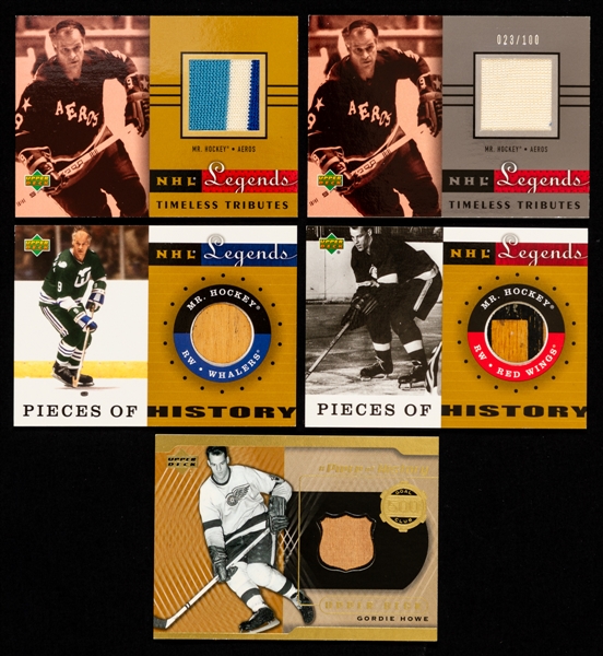 Gordie Howe Patch/Jersey/Stick Hockey Cards (10) Inc. 2000-01 SP Tools of the Game/Tools of the Game Combo, 2001-02 UD Pieces of History/Timeless Tributes & 2000-01 UD Piece of History 500th Goal Club