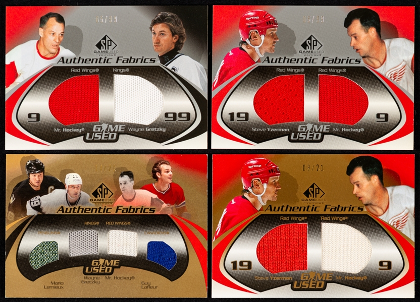 Gordie Howe 2003-04 SP Game Used Authentic Fabrics Hockey Cards (4) Inc. Quad Jersey #QF-LGHL Lemieux/Gretzky/Howe/Lafleur (14/21) and Dual Jersey #DF-H6 Gordie Howe/Wayne Gretzky (05/99)