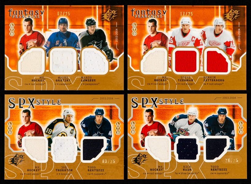 Gordie Howe 2003-04 SPx Fantasy Franchise & SPx Style Hockey Cards (8) Inc. Triple Jersey #FF-HGL Howe/Gretzky/Lemieux (7/25 & 31/75) and Triple Jersey #FF-HYZ Howe/Yzerman/Zetterberg (17/25 & 45/75)