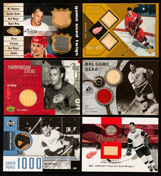 Gordie Howe Upper Deck/Fleer Used Stick Hockey Cards (6) Inc. 2000-01 UD Heroes Game Used Twigs #C-HY Howe/Yzerman (27/50) and 1999-00 UD Black Diamond A Piece of History #GH Gordie Howe (Level 2)