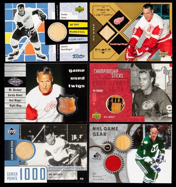 Gordie Howe 1999-2000 to 2006-07 Upper Deck Used Stick Hockey Cards (6) Inc. 1999-2000 Retro Momentos #RM6 and 1999-00 UD Black Diamond A Piece of History #GH Gordie Howe (Level 1)