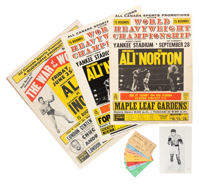 1976 Muhammad Ali vs Ken Norton Closed Circuit Fight Posters (2) Plus Mixed Ali Closed Circuit Tickets (9) and 1976 Ali vs Inoki Closed Circuit Fight Poster