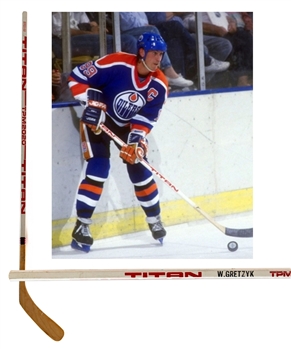 Wayne Gretzkys 1986-87 Edmonton Oilers Titan TPM 2020 Game-Issued Stick (Date Stamped March 27th 1987) - Name Stamp Misspelled "Gretzyk"!