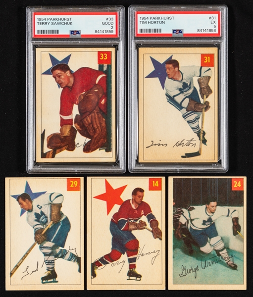 1954-55 Parkhurst Hockey Starter Set (32/100) Plus Extras (8) - Includes PSA-Graded Cards of HOFers #31-Horton (EX 5) and #33-Sawchuk (GOOD 2)
