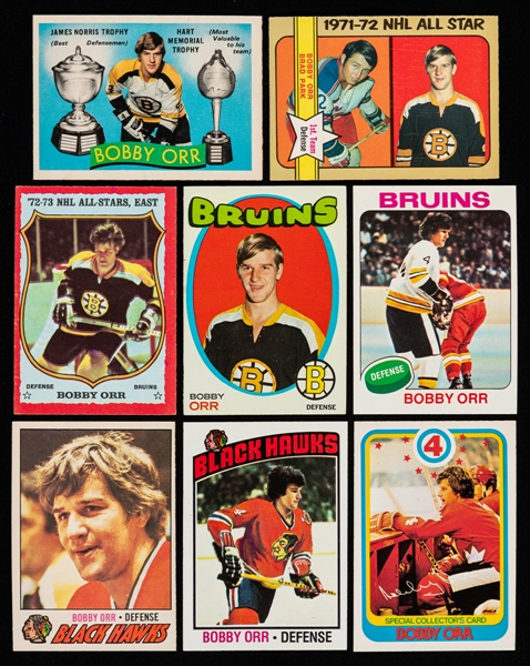 1969-70 to 1979-80 O-Pee-Chee and Topps Hockey Cards of Bobby Orr, Gordie Howe and Bobby Hull (18 Cards)