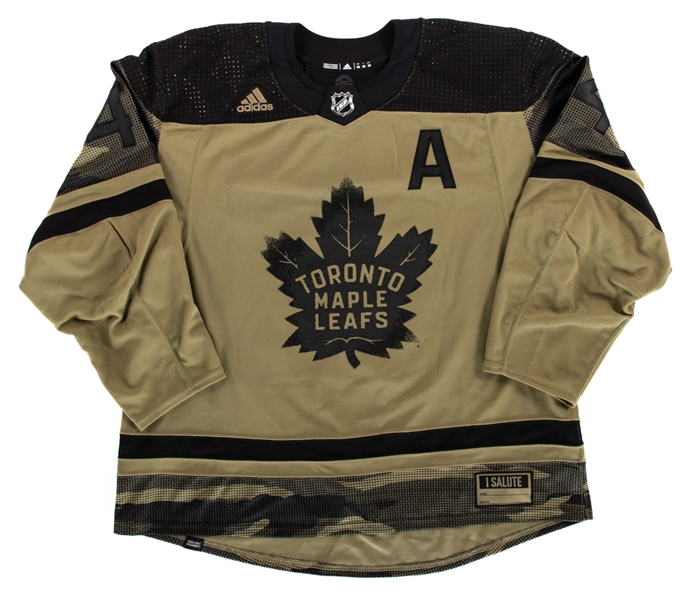 Morgan Riellys 2022-23 Toronto Maple Leafs Canadian Armed Forces Night Warm-Up Worn Alternate Captains Jersey with Team LOA