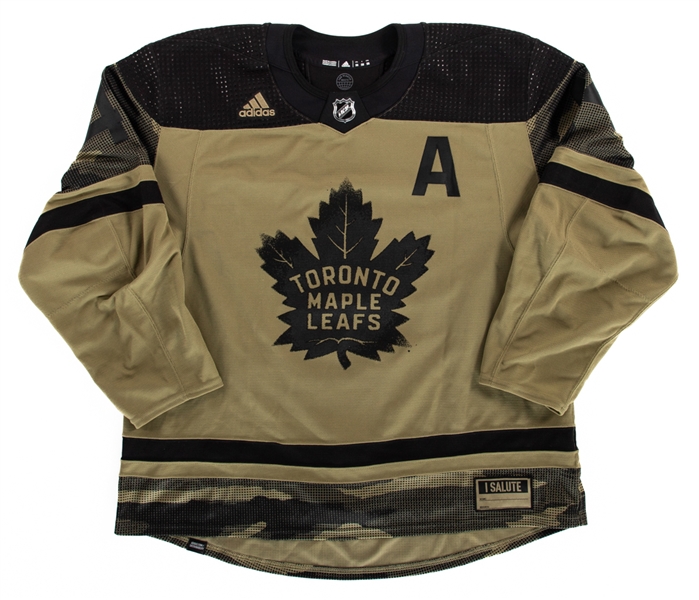Morgan Riellys 2021-22 Toronto Maple Leafs Canadian Armed Forces Night Warm-Up Worn Alternate Captains Jersey with Team LOA