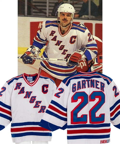 Mike Gartners 1990-91 New York Rangers Game-Worn Captains Jersey with LOA - 15+ Team Repairs! - Photo-Matched!