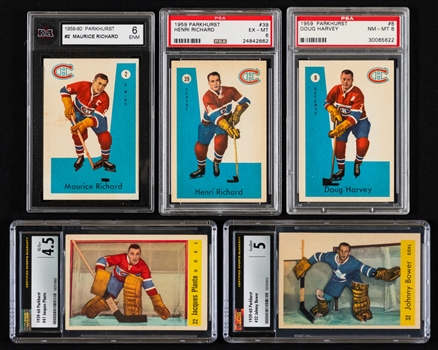 1959-60 Parkhurst Hockey Complete Graded 50-Card Set Inc. HOFers #2 M. Richard (KSA 6), #39 H. Richard (PSA 6), #8 Harvey (PSA 8) and #41 Plante (CSG 4.5) - 39 Cards Graded EX or Better