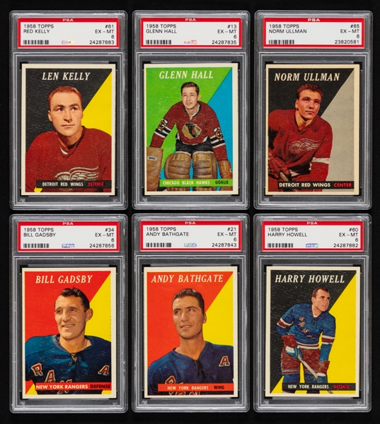 1958-59 Topps Hockey Card PSA-Graded Starter Set (21/66) Including PSA 6 EX-MT Examples of HOFers 13-Hall, 65-Ullman, 61-Kelly, 60-Howell, 21-Bathgate and 34-Gadsby