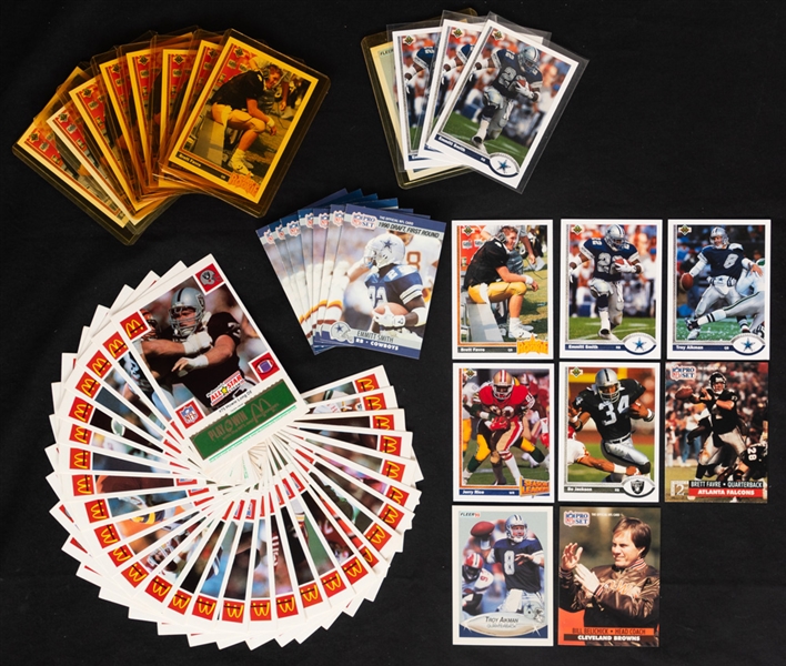 1980s and 1990s NFL Football Card Collection (55+) Inc. 1990 Pro Set #685 Emmitt Smith Rookie (7) and 1991 Upper Deck #13 Brett Favre Rookie (10)