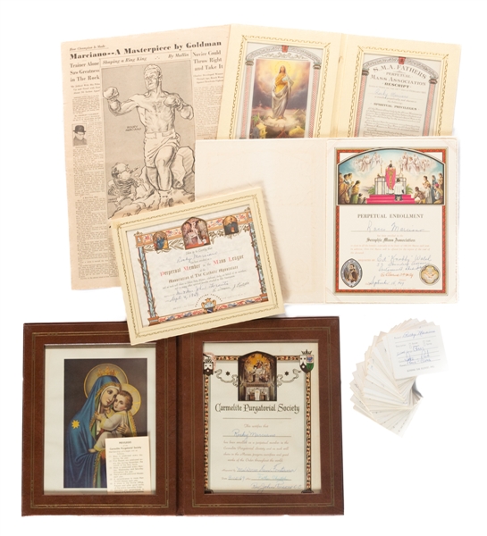 Rocky Marciano Funeral Lot including Religious Enrollment Certificates and Sympathy Floral Cards 