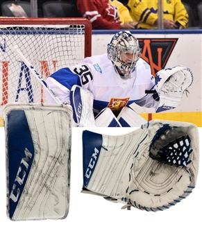 Pekka Rinnes 2016 World Cup of Hockey Team Finland CCM Premier Game-Used Blocker and Glove - Photo-Matched!