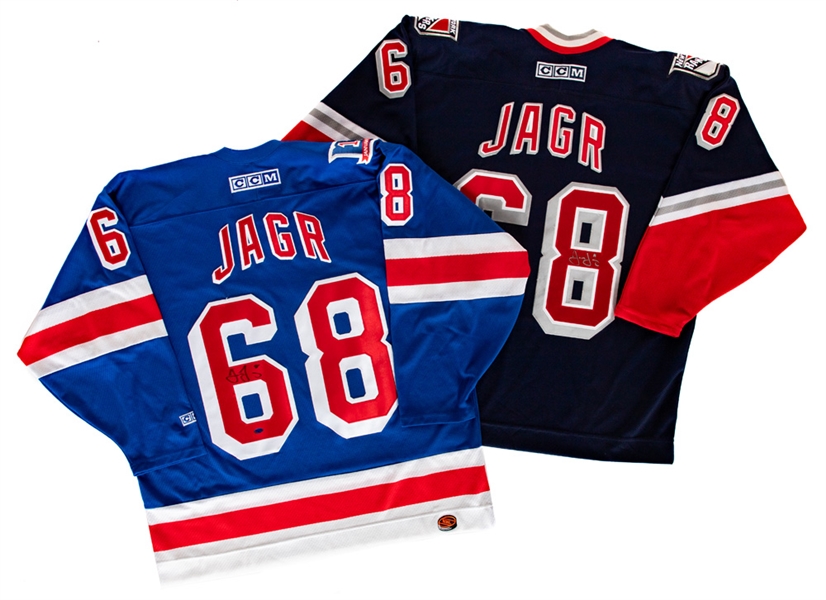 Jaromir Jagr Signed New York Rangers Lady Liberty Captains and Mark Messier Night Alternate Captains Jerseys with JSA Auction LOA