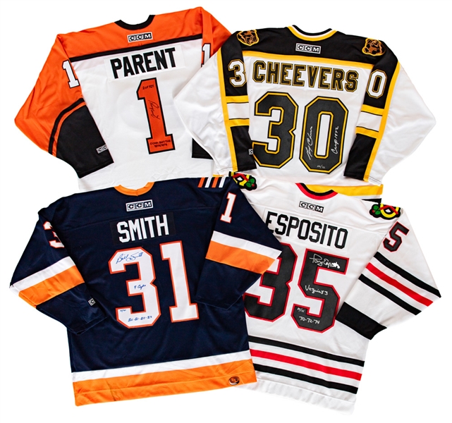 Billy Smith "4 Cups 80-81-82-83", Tony Esposito "Vezina x 3 70-72-74", Bernie Parent "Conn Smythe 1974, 1975" and Gerry Cheevers "Cup 1972" Signed Limited-Edition Jerseys with JSA Auction LOA 