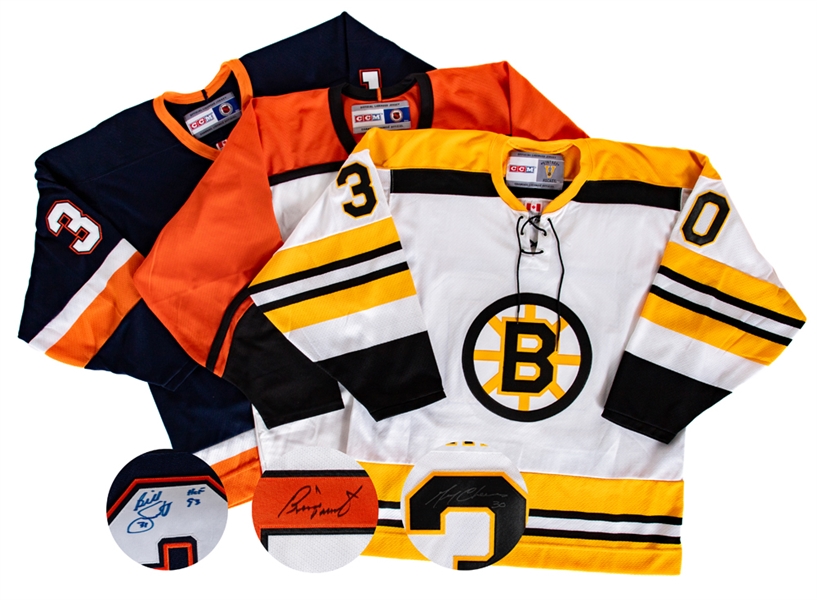 Bernie Parent Philadelphia Flyers "Cups 75, 75", Gerry Cheevers Boston Bruins and Billy Smith New York Islanders "HOF 93" Signed Jerseys with JSA Auction LOA 