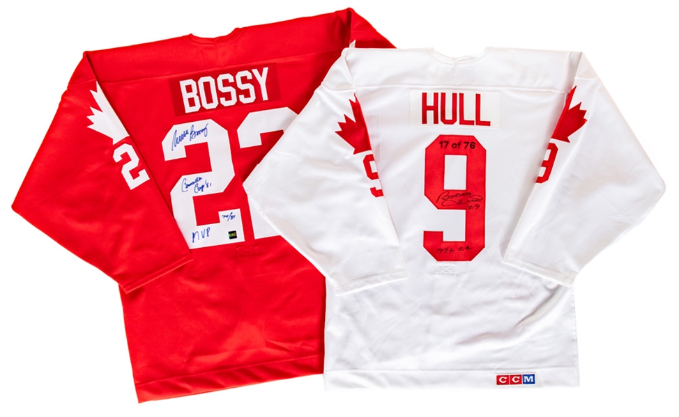 Deceased HOFers Bobby Hull "1976 CC" and Mike Bossy "Canada Cup 81 MVP" Signed Limited-Edition Team Canada Jerseys with JSA Auction LOA 