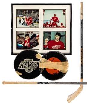 Dino Ciccarellis January 8th 1994 Detroit Red Wings "500th NHL Goal" Milestone Game-Used Photo-Matched Stick and "500th NHL Goal" Milestone Puck From His Personal Collection with His Signed LOA