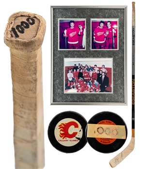 Dino Ciccarellis March 9th 1994 Detroit Red Wings "1000th NHL Point" Milestone Game-Used Stick and "1000th NHL Point" Photo-Matched Milestone Puck From His Personal Collection with His Signed LOA
