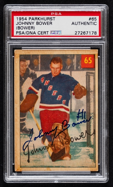 1954-55 Parkhurst Hockey #65 HOFer Johnny Bower Signed Rookie Card - Graded PSA Authentic