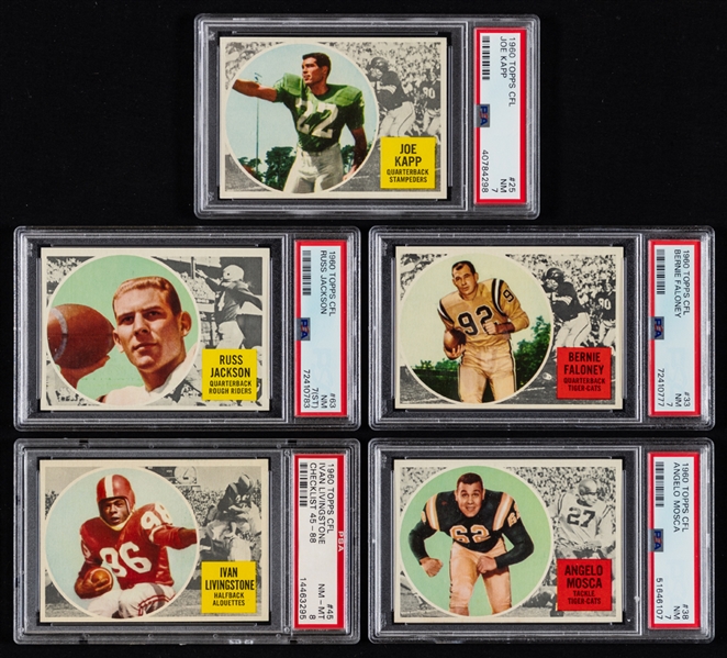 1960 Topps CFL Football Complete 88-Card Set with PSA-Graded Cards (23) Including PSA NM 7 (13), PSA 8 NM-MT (8), PSA NM-MT+ 8.5 (1) and PSA MINT 9 (1)