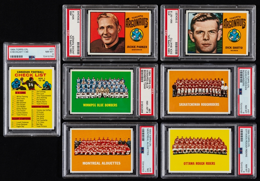 1964 Topps CFL Football Complete 88-Card Set with PSA-Graded Cards (22) Including PSA NM 7 (2), PSA 8 NM-MT (19) and PSA MINT 9 (1)