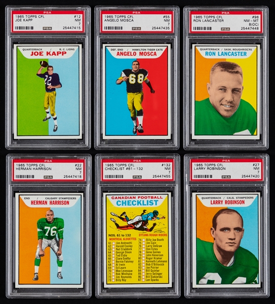 1965 Topps CFL Football Complete 132-Card Set with PSA-Graded Cards (69) Including PSA NM 7 (21), PSA 8 NM-MT (46), PSA NM-MT 8.5 (1) and PSA MINT 9 (1)