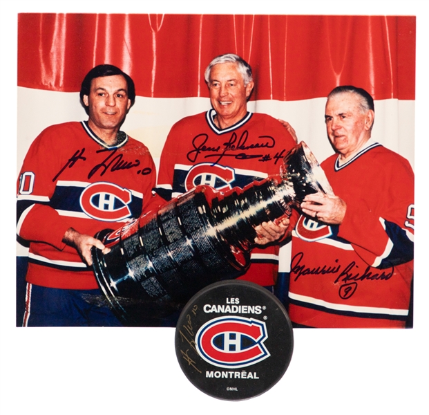 Deceased HOFers Maurice Richard, Jean Beliveau and Guy Lafleur Montreal Canadiens Signed Stanley Cup Photo and Lafleur Signed Puck 