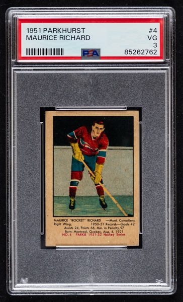 1951-52 Parkhurst Hockey Card #4 HOFer Maurice Richard Rookie - Graded PSA 3