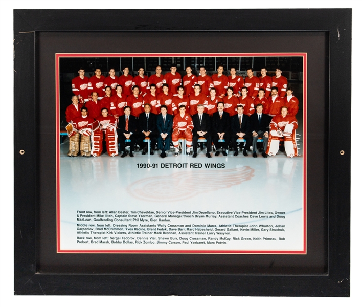 Detroit Red Wings 1990-91 Framed Team Photo from Dino Ciccarellis Personal Collection with His Signed LOA - Displayed at "Ciccarellis Premier Sports Club and Eatery" Restaurant