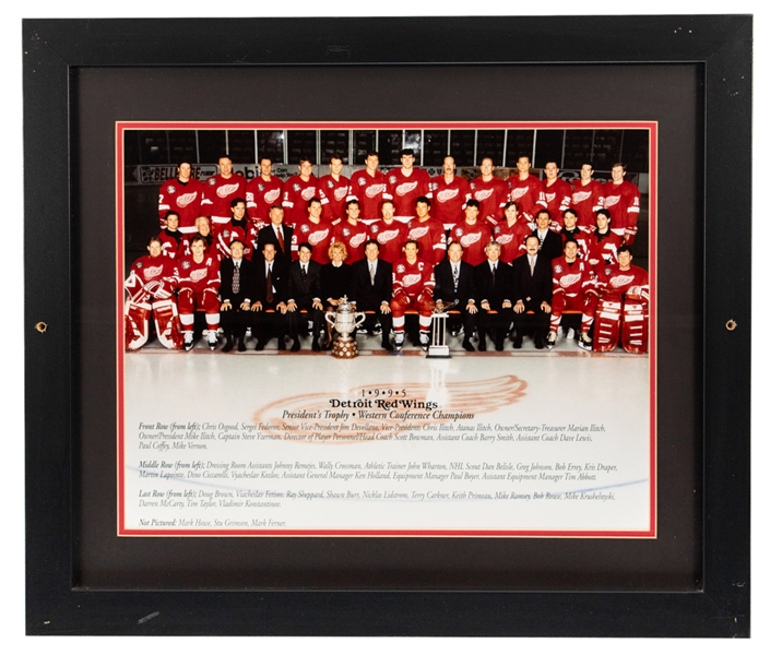 Detroit Red Wings 1994-95 Framed Team Photo from Dino Ciccarellis Personal Collection with His Signed LOA - Displayed at "Ciccarellis Premier Sports Club and Eatery" Restaurant