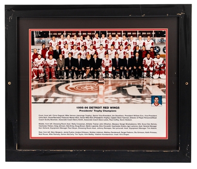 Detroit Red Wings 1995-96 Framed Team Photo from Dino Ciccarellis Personal Collection with His Signed LOA - Displayed at "Ciccarellis Premier Sports Club and Eatery" Restaurant