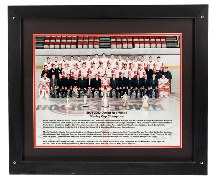 Detroit Red Wings 2001-02 Stanley Cup Champions Framed Team Photo from Dino Ciccarellis Personal Collection with His Signed LOA - Displayed at "Ciccarellis Premier Sports Club and Eatery" Restaurant