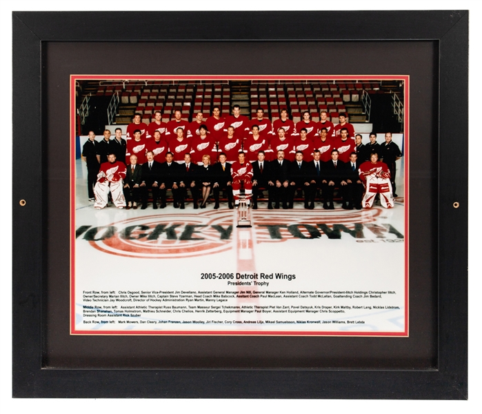 Detroit Red Wings 2005-06 Framed Team Photo from Dino Ciccarellis Personal Collection with His Signed LOA - Displayed at "Ciccarellis Premier Sports Club and Eatery" Restaurant