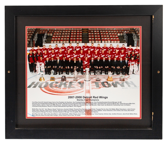 Detroit Red Wings 2007-08 Stanley Cup Champions Framed Team Photo from Dino Ciccarellis Personal Collection with His Signed LOA - Displayed at "Ciccarellis Premier Sports Club and Eatery" Restaurant