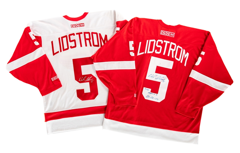 Nicklas Lindstrom Signed Detroit Red Wings Home (Limited-Edition "Norris x 3" Alternate Captains) and Away (Captains) Jerseys with JSA Auction LOA