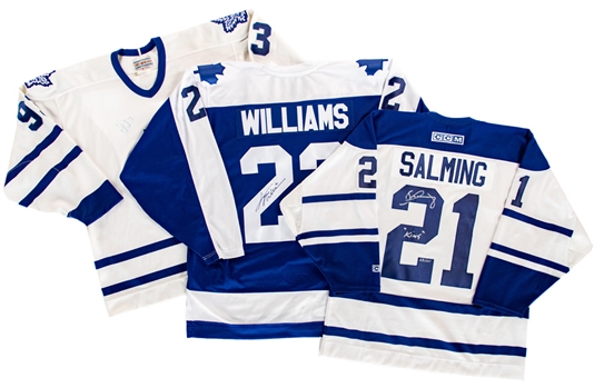 Borje Salming Limited-Edition "King", Tiger Williams and Doug Gilmour Signed Toronto Maple Leafs Alternate Captains Jerseys with JSA Auction LOA 