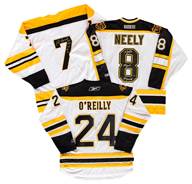 Terry OReilly, Phil Esposito "HOF 1984 5 x Art Ross" and Cam Neely "395 Goals 694 Points" Signed Boston Bruins Jerseys with JSA Auction LOA