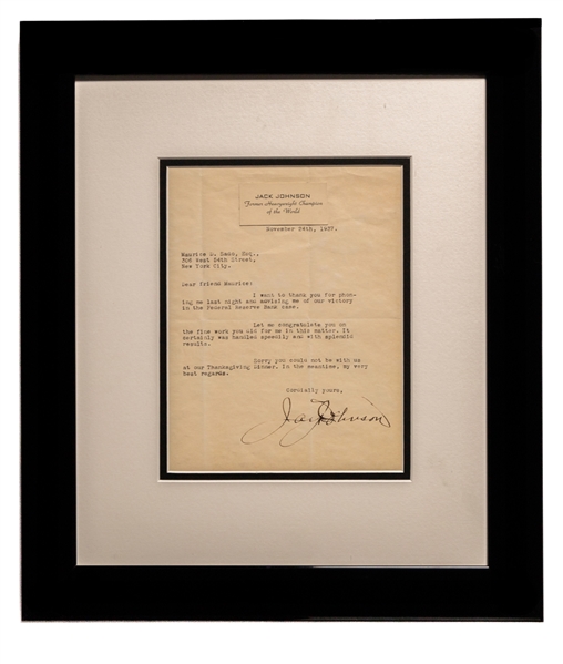 Former Heavyweight Boxing Champion Deceased HOFer Jack Johnson Signed 1937 Framed Letter with JSA Auction LOA (14 1/2" x 17")