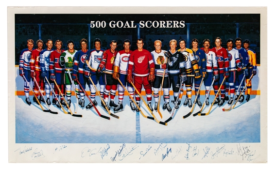500-Goal Scorers Lithograph Autographed by 18 with Richard, Howe, Beliveau, Lafleur, Gretzky and Others with JSA Auction LOA (23" x 37")