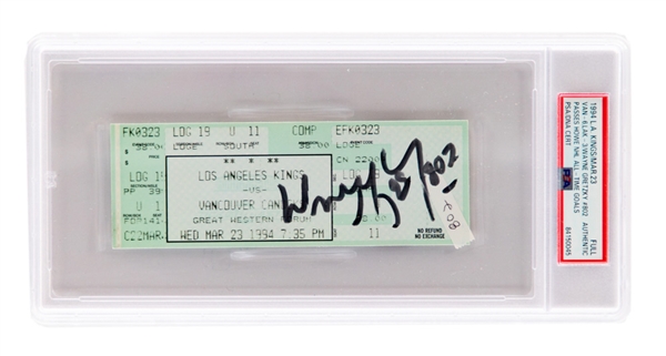 March 23rd 1994 L.A. Kings Full Ticket (Vancouver 6 - L.A. 3) Wayne Gretzky #802 Passes Howe for NHL All-Time Goals - Signed by Gretzky "Wayne Gretzky 802" - PSA/DNA Certified