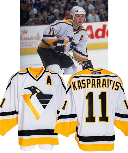 Darius Kasparaitis 2001-02 Pittsburgh Penguins Game-Worn Alternate Captains Jersey from His Personal Collection with His Signed LOA