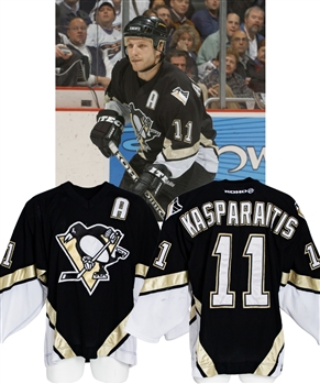 Darius Kasparaitis 2001-02 Pittsburgh Penguins Game-Worn Alternate Captains Third Jersey from His Personal Collection with His Signed LOA - Photo-Matched